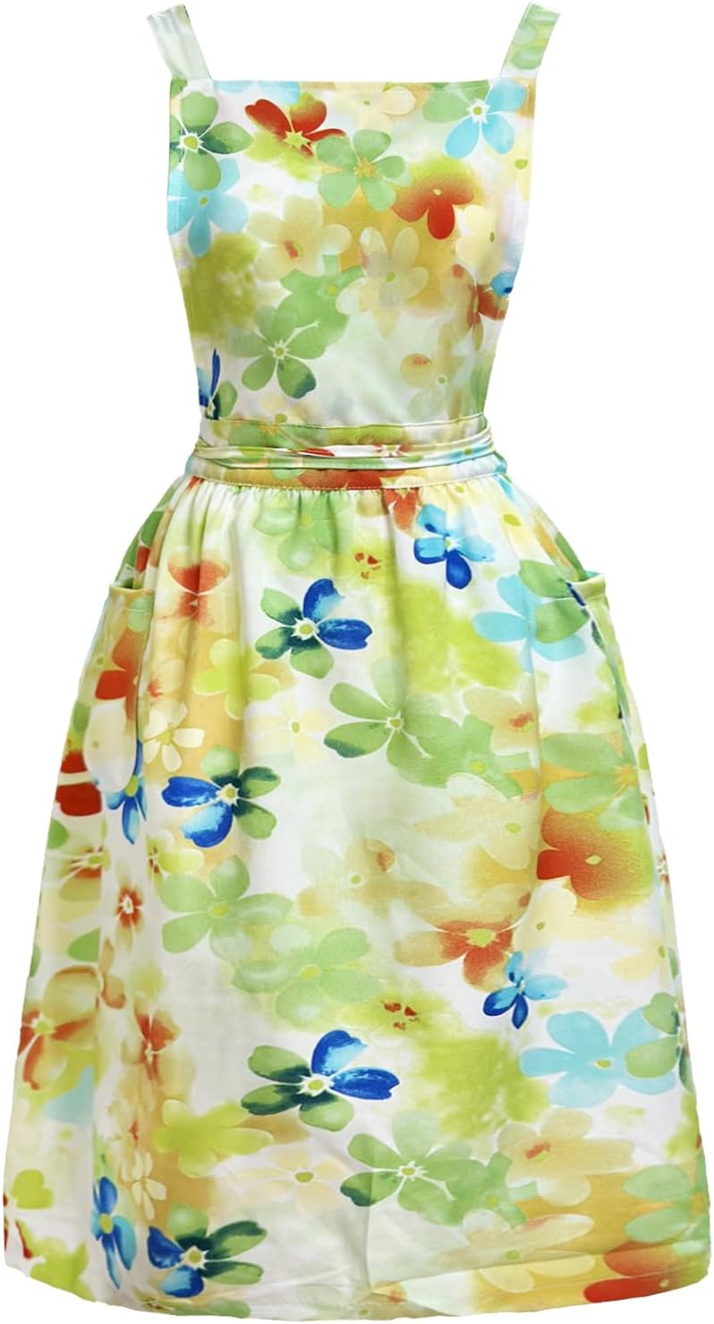 Cityelf Vintage Pinafore Floral Apron Dress with Headscarf Set Adjustable Cross Back with Pocket for Kitchen Baking Gardening - Image 1